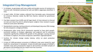 Presentation at the 98th ICRISAT Governing Board Meeting
Program Committee 20 April 2021
Integrated Crop Management
• In chickpea, six genotypes with new, stable and durable sources of resistance to
Fusarium wilt. Combined resistance for wilt and SMD in pigeonpea identified -5
lines.
• In pearl millet, 36 blast isolates collected from Karnataka were characterized
for virulence diversity; isolate Pg 380 from Raichur selected for greenhouse
screening.
• Five blast resistant lines (≤10% neck & finger blast), 12 lines tolerant to charcoal
rot (12) and shoot fly and 31 white/red grain sorghum lines resistant to grain
mold (≤3 score) were identified.
• Standardized screening, rearing protocols and developed step-wise IPM strategy
for Fall armyworm in Sorghum/millets.
• Streptomyces albus strain CAI-21 (previously reported to have plant growth-
promotion abilities in chickpea, pigeonpea, and sorghum) and its secondary
metabolite significantly inhibited the growth of the pathogen causing charcoal
rot disease in sorghum, the active compound is identified organophosphate.
• Facilities for climate change studies (etemp, eCO2) on plant protection
developed
• A total of 3,289 germplasm accessions of different crops were tested for seed
health for conservation in Genebank. A total of 6,444 seed samples of ICRISAT’s
mandate crops were processed for export to 28 countries and 2024 samples of
germplasm and breeding lines for import from five countries.
10
Chickpea wilt screening
Pearl millet downy mildew screening
 