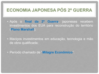 ECONOMIA JAPONESA PÓS 2ª GUERRA 
• Após o final da 2ª Guerra, japoneses recebem 
investimentos dos EUA para reconstrução do território 
(Plano Marshall); 
• Maciços investimentos em educação, tecnologia e mão 
de obra qualificada; 
• Período chamado de “Milagre Econômico”. 
 