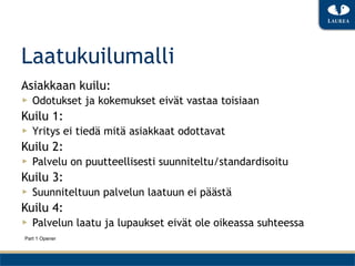 Laatukuilumalli
Asiakkaan kuilu:
▶  Odotukset ja kokemukset eivät vastaa toisiaan
Kuilu 1:
▶  Yritys ei tiedä mitä asiakkaat odottavat
Kuilu 2:
▶  Palvelu on puutteellisesti suunniteltu/standardisoitu
Kuilu 3:
▶  Suunniteltuun palvelun laatuun ei päästä
Kuilu 4:
▶  Palvelun laatu ja lupaukset eivät ole oikeassa suhteessa
Part 1 Opener
 