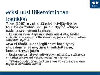 Miksi uusi liiketoiminnan
logiikka?
Tekes (2010) arvioi, että edelläkävijäyritysten
hallussa on ”salaisuus”, joka liittyy palvelujen
uudenlaiseen ymmärtämiseen
▶  Eli uudenlaiseen tapaan ajatella asiakkaita, heidän
etsimäänsä arvoa, ja sellaista arvoa, joka voidaan tuottaa
vain yhteistyössä
Arvo ei tämän uuden logiikan mukaan synny
ainoastaan enää myytäessä, vaihdettaessa,
luovutettaessa jotain
▶  Uutta kasvua hakevat yritykset ymmärtävät, että arvoa
on tarkasteltava eri näkökulmasta kuin ennen
▶  Tällaiset uudet tavat tuottaa arvoa voivat saada aikaan
täysin uudenlaista kasvua
 