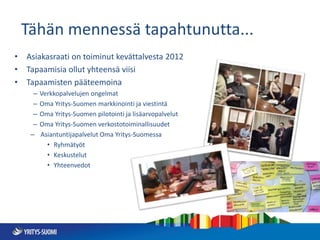 Tähän mennessä tapahtunutta...
• Asiakasraati on toiminut kevättalvesta 2012
• Tapaamisia ollut yhteensä viisi
• Tapaamisten pääteemoina
– Verkkopalvelujen ongelmat
– Oma Yritys-Suomen markkinointi ja viestintä
– Oma Yritys-Suomen pilotointi ja lisäarvopalvelut
– Oma Yritys-Suomen verkostotoiminallisuudet
– Asiantuntijapalvelut Oma Yritys-Suomessa
• Ryhmätyöt
• Keskustelut
• Yhteenvedot
 