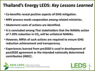 Thailand’s Energy LEDS: Key Lessons Learned 
•Co-benefits reveal positive aspects of GHG mitigation. 
•MRV process needs c...