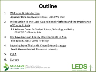 1.Welcome & Introduction 
Alexander Ochs, Worldwatch Institute, LEDS-EWG Chair 
2.Introduction to the LEDS Asia Regional P...