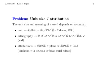 Asialex 2011 Kyoto, Japan                                          5




       Problem: Unit size / attribution
       The unit size and meaning of a word depends on a context.
         • unit →           or          (Nakano, 1998)
         • orthography →
           (sad)
         • attributions →         ∈ plant or       ∈ food
            (unohana = a deutzia or bean curd refuse)
 