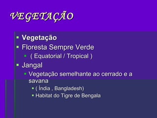VEGETAÇÃO Vegetação  Floresta Sempre Verde ( Equatorial / Tropical ) Jangal Vegetação semelhante ao cerrado e a savana  ( Índia , Bangladesh) Habitat do Tigre de Bengala  