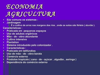 ECONOMIA AGRICULTURA São comuns os sistemas : Jardinagem  É o cultivo de arroz nas margens dos rios , onde os solos são férteis ( aluvião ). Características : Praticada em  pequenos espaços Uso de adubos orgânicos Mão - de - obra abundante Cultivo intensivo Plantation  SIstema introduzido pelo colonizador . Características : Praticada em latifúndios Uso de mão - de - obra barata Comércio externo Produtos tropicais ( cana - de - açúcar , algodão , seringa )  Dependência do comércio externo 