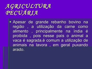 AGRICULTURA PECUÁRIA Apesar de grande rebanho bovino na região , a utilização da carne como alimento , principalmente na ìndia é proibida , pois nesse país o animal a vaca é sagrada.è comum a utilização de animais na lavora , em geral puxando arado.  