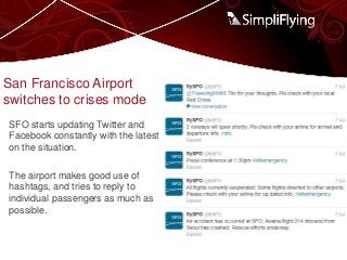 San Francisco Airport
switches to crises mode
SFO starts updating Twitter and
Facebook constantly with the latest
on the situation.
The airport makes good use of
hashtags, and tries to reply to
individual passengers as much as
possible.
 