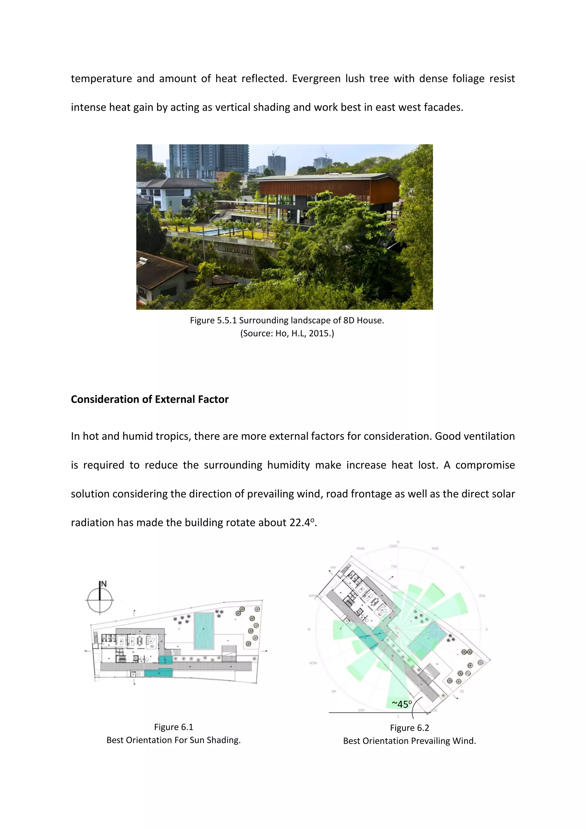 temperature and amount of heat reflected. Evergreen lush tree with dense foliage resist
intense heat gain by acting as vertical shading and work best in east west facades.
Consideration of External Factor
In hot and humid tropics, there are more external factors for consideration. Good ventilation
is required to reduce the surrounding humidity make increase heat lost. A compromise
solution considering the direction of prevailing wind, road frontage as well as the direct solar
radiation has made the building rotate about 22.4o.
~45o
Figure 5.5.1 Surrounding landscape of 8D House.
(Source: Ho, H.L, 2015.)
Figure 6.1
Best Orientation For Sun Shading.
Figure 6.2
Best Orientation Prevailing Wind.
 