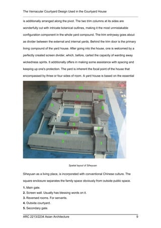 The Vernacular Courtyard Design Used in the Courtyard House
is additionally arranged along the pivot. The two trim columns at its sides are
wonderfully cut with intricate botanical outlines, making it the most unmistakable
configuration component in the whole yard compound. The trim entryway goes about
as divider between the external and internal yards. Behind the trim door is the primary
living compound of the yard house. After going into the house, one is welcomed by a
perfectly created screen divider, which, before, carted the capacity of warding away
wickedness spirits. It additionally offers in making some assistance with spacing and
keeping up one's protection. The yard is inherent the focal point of the house that
encompassed by three or four sides of room. A yard house is based on the essential
Siheyuan as a living place, is incorporated with conventional Chinese culture. The
square enclosure separates the family space obviously from outside public space.
1. Main gate.
2. Screen wall. Usually has blessing words on it.
3. Reversed rooms. For servants.
4. Outside courtyard.
5. Secondary gate.
ARC 2213/2234 Asian Architecture 9
Spatial layout of Siheyuan
 