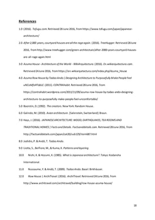18
References
1.0 (2016). Tofugu.com.Retrieved28 June 2016, from https://www.tofugu.com/japan/japanese-
architecture/
2.0 After2,000 years,courtyard housesareall the rageagain.(2016). TreeHugger.Retrieved28June
2016, fromhttp://www.treehugger.com/green-architecture/after-2000-years-courtyard-houses-
are-all-rage-again.html
3.0 Azuma House- Architecture of the World - WikiArquitectura.(2016). En.wikiarquitectura.com.
Retrieved24June 2016, fromhttps://en.wikiarquitectura.com/index.php/Azuma_House
4.0 Azuma RowHouseby Tadao Ando |Designing Architecture to Purposefully MakePeopleFeel
uNCoMfoRTabLE.(2011). CONTRAhabit.Retrieved28June 2016, from
https://contrahabit.wordpress.com/2011/11/09/azuma-row-house-by-tadao-ando-designing-
architecture-to-purposefully-make-people-feel-uncomfortable/
5.0 Boorstin,D.(1992). The creators.New York:Random House.
6.0 Galindo,M. (2010). Asian architecture. [Salenstein,Switzerland]:Braun.
7.0 Hays, J.(2016). JAPANESEARCHITECTURE:WOOD,EARTHQUAKES,TEA ROOMSAND
TRADITIONALHOMES| Factsand Details. Factsanddetails.com.Retrieved28June 2016, from
http://factsanddetails.com/japan/cat20/sub129/item687.html
8.0 Jodidio,P.&Andō,T. Tadao Ando.
9.0 Liotta,S., Belfiore,M.,& Kuma,K. Patternsand layering.
10.0 Nishi,K.& Hozumi,K.(1985). What is Japanesearchitecture?.Tokyo:Kodansha
International.
11.0 Nussaume,Y.& Andō,T. (2009). Tadao Ando.Basel:Birkhäuser.
12.0 RowHouse | ArchiTravel.(2016). ArchiTravel.Retrieved24June 2016, from
http://www.architravel.com/architravel/building/row-house-azuma-house/
 