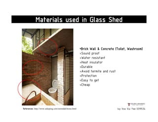 Ivy Voo Vui Yee 0319534
Materials used in Glass Shed
•Brick Wall & Concrete (Toilet, Washroom)
=Sound proof
=Water resistant
=Heat insulator
=Durable
=Avoid termite and rust
=Protection
=Easy to get
=Cheap
References: http://www.sekeping.com/serendah/home.html
 