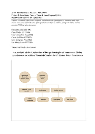 Asian Architecture (ARC2234 / ARC60403)
Project 2: Case Study Paper – Topic & Issue Proposal (10%)
Due Date: 11 October 2016 (Tuesday)
Prepare a two-page type-written proposal, including a concept mapping, a summary of the topic
and/or issue to be explored, some of the questions you hope to address, along with a title, and an
annotated bibliography of sources.
Student names and IDs:
Chan Yi Qin (0315964)
Chia Cheng Wei (0322091)
Chew Jia Chen (0322852)
Kooi Yong Kai (0323152)
Lee Xiang Loon (0322090)
Tutor: Ms Nurul Alia Ahamad
An Analysis of the Application of Design Strategies of Vernacular Malay
Architecture to Achieve Thermal Comfort in 8D House, Bukit Damansara
 