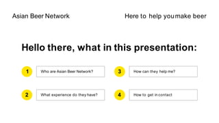 Hello there, what in this presentation:
1 Who are Asian Beer Network?
2 What experience do they have?
3
4 How to get in contact
How can they help me?
Asian Beer Network Here to help youmake beer
 