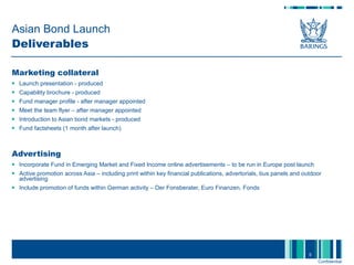 Asian Bond Launch Deliverables Marketing collateral Launch presentation - produced Capability brochure - produced Fund manager profile - after manager appointed Meet the team flyer – after manager appointed Introduction to Asian bond markets - produced Fund factsheets (1 month after launch) Advertising Incorporate Fund in Emerging Market and Fixed Income online advertisements – to be run in Europe post launch Active promotion across Asia – including print within key financial publications, advertorials, bus panels and outdoor advertising Include promotion of funds within German activity – Der Fonsberater, Euro Finanzen, Fonds  
