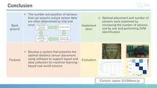 15
Conclusion
Implement
ation
• Optimal placement and number of
sensors were examined by
increasing the number of sensors
one by one and performing SVM
identiﬁcation
Evaluation
Back
ground
• The number and position of sensors
that can acquire unique sensor data
are often determined by trial and
error
Purpose
• Develop a system that presents the
optimal distance sensor placement
using software to support layout and
data collection for machine-learning-
based real-world sensors
Contact: ayane-3110@keio.jp
 