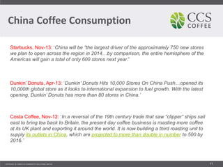 China Coffee Consumption
11
Starbucks, Nov-13: ‘China will be “the largest driver of the approximately 750 new stores
we plan to open across the region in 2014…by comparison, the entire hemisphere of the
Americas will gain a total of only 600 stores next year.”
Dunkin’ Donuts, Apr-13: ‘Dunkin' Donuts Hits 10,000 Stores On China Push…opened its
10,000th global store as it looks to international expansion to fuel growth. With the latest
opening, Dunkin’ Donuts has more than 80 stores in China.’
Costa Coffee, Nov-12: ‘In a reversal of the 19th century trade that saw “clipper” ships sail
east to bring tea back to Britain, the present day coffee business is roasting more coffee
at its UK plant and exporting it around the world. It is now building a third roasting unit to
supply its outlets in China, which are projected to more than double in number to 500 by
2016.’
 