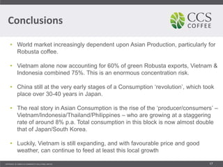 Conclusions
17
• World market increasingly dependent upon Asian Production, particularly for
Robusta coffee.
• Vietnam alone now accounting for 60% of green Robusta exports, Vietnam &
Indonesia combined 75%. This is an enormous concentration risk.
• China still at the very early stages of a Consumption ‘revolution’, which took
place over 30-40 years in Japan.
• The real story in Asian Consumption is the rise of the ‘producer/consumers’ –
Vietnam/Indonesia/Thailand/Philippines – who are growing at a staggering
rate of around 8% p.a. Total consumption in this block is now almost double
that of Japan/South Korea.
• Luckily, Vietnam is still expanding, and with favourable price and good
weather, can continue to feed at least this local growth
 