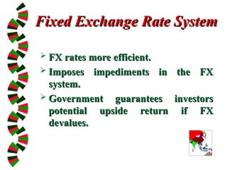 Fixed Exchange Rate System
Fixed Exchange Rate System
 FX rates more efficient.
FX rates more efficient.
 Imposes impediments in the FX
Imposes impediments in the FX
system.
system.
 Government guarantees investors
Government guarantees investors
potential upside return if FX
potential upside return if FX
devalues.
devalues.
 