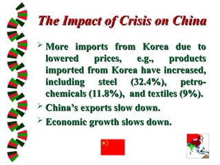 The Impact of Crisis on China
The Impact of Crisis on China
 More imports from Korea due to
More imports from Korea due to
lowered prices, e.g., products
lowered prices, e.g., products
imported from Korea have increased,
imported from Korea have increased,
including steel (32.4%), petro-
including steel (32.4%), petro-
chemicals (11.8%), and textiles (9%).
chemicals (11.8%), and textiles (9%).
 China’s exports slow down.
China’s exports slow down.
 Economic growth slows down.
Economic growth slows down.
 