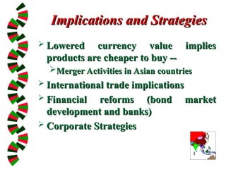 Implications and Strategies
Implications and Strategies
 Lowered currency value implies
Lowered currency value implies
products are cheaper to buy --
products are cheaper to buy --
Merger Activities in Asian countries
Merger Activities in Asian countries
 International trade implications
International trade implications
 Financial reforms (bond market
Financial reforms (bond market
development and banks)
development and banks)
 Corporate Strategies
Corporate Strategies
 