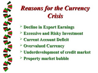 Reasons for the Currency
Reasons for the Currency
Crisis
Crisis
 Decline in Export Earnings
Decline in Export Earnings
 Excessive and Risky Investment
Excessive and Risky Investment
 Current Account Deficit
Current Account Deficit
 Overvalued Currency
Overvalued Currency
 Underdevelopment of credit market
Underdevelopment of credit market
 Property market bubble
Property market bubble
 