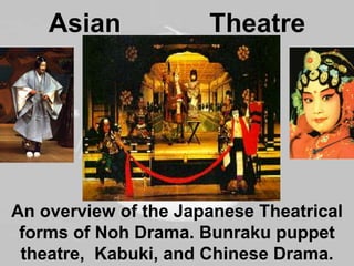 An overview of the Japanese Theatrical
forms of Noh Drama. Bunraku puppet
theatre, Kabuki, and Chinese Drama.
Asian Theatre
 