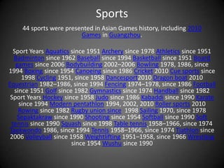Sports
     44 sports were presented in Asian Games history, including 2010
                         Games in Guangzhou.

  Sport Years Aquatics since 1951 Archery since 1978 Athletics since 1951
  Badminton since 1962 Baseball since 1994 Basketball since 1951 Board
   games since 2006 Bodybuilding 2002–2006 Bowling 1978, 1986, since
1994 Boxing since 1954 Canoeing since 1986 Cricket 2010 Cue sports since
     1998 Cycling 1951, since 1958 Dancesport2010 Dragon boat 2010
Equestrian 1982–1986, since 1994 Fencing 1974–1978, since 1986 Football
  since 1951 Golf since 1982 Gymnastics since 1974 Handball since 1982
 Sport Years Hockey since 1958 Judo since 1986 Kabaddi since 1990 Karate
    since 1994 Modern pentathlon 1994, 2002, 2010 Roller sports 2010
    Rowing since 1982 Rugby union since 1998 Sailing 1970, since 1978
   Sepaktakraw since 1990 Shooting since 1954 Softball since 1990 Soft
 tennis since 1990 Squash since 1998 Table tennis 1958–1966, since 1974
Taekwondo 1986, since 1994 Tennis 1958–1966, since 1974 Tiathlon since
 2006 Volleyball since 1958 Weightlifting 1951–1958, since 1966 Wrestling
                        since 1954 Wushu since 1990
 