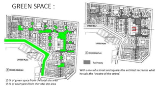 GREEN SPACE :
Pathway
15 % of green space from the total site area
15 % of courtyares from the total site area
With a mix of a street and squares the architect recreates what
he calls the ‘theatre of the street’.
 