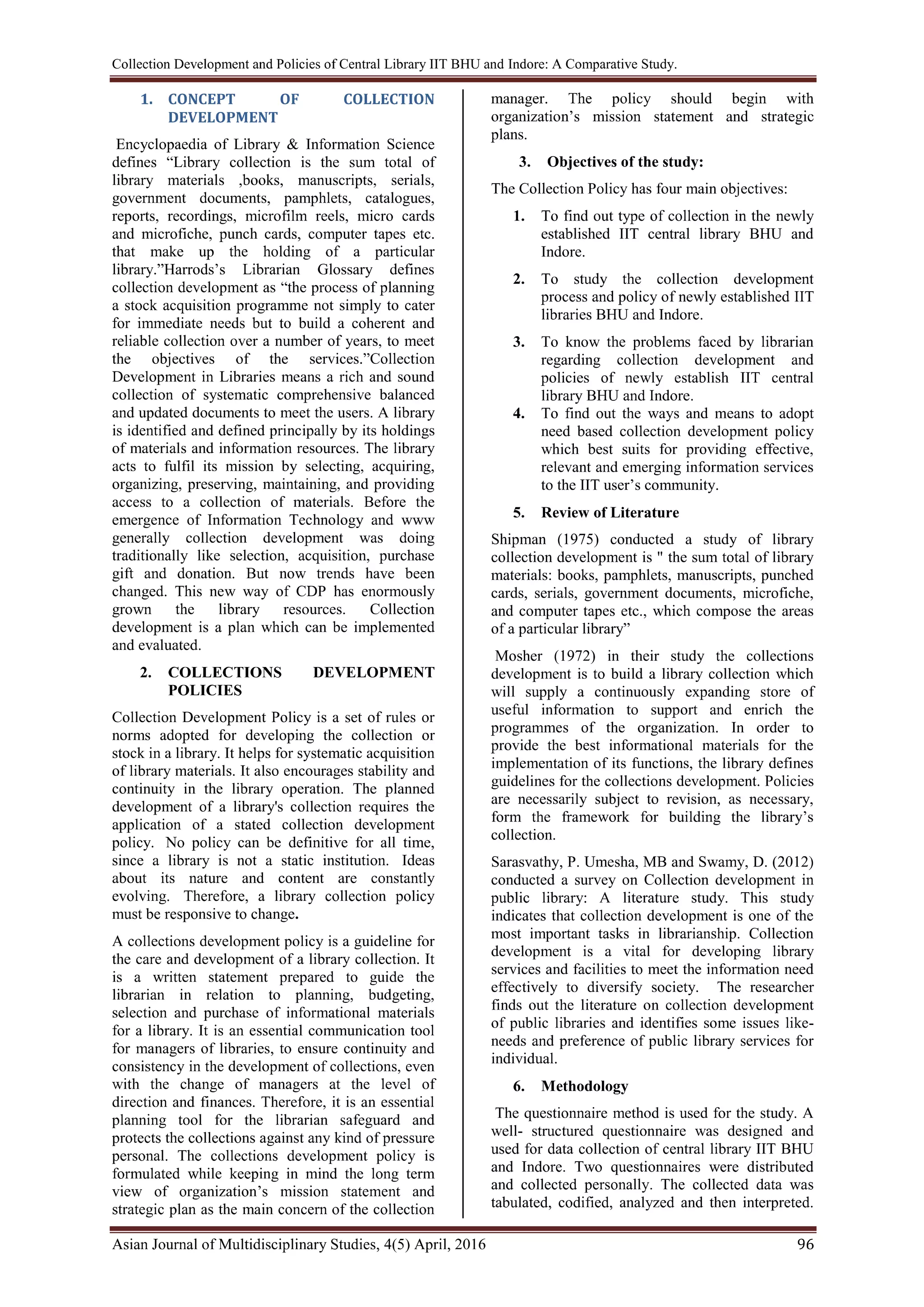 Collection Development and Policies of Central Library IIT BHU and Indore: A Comparative Study.