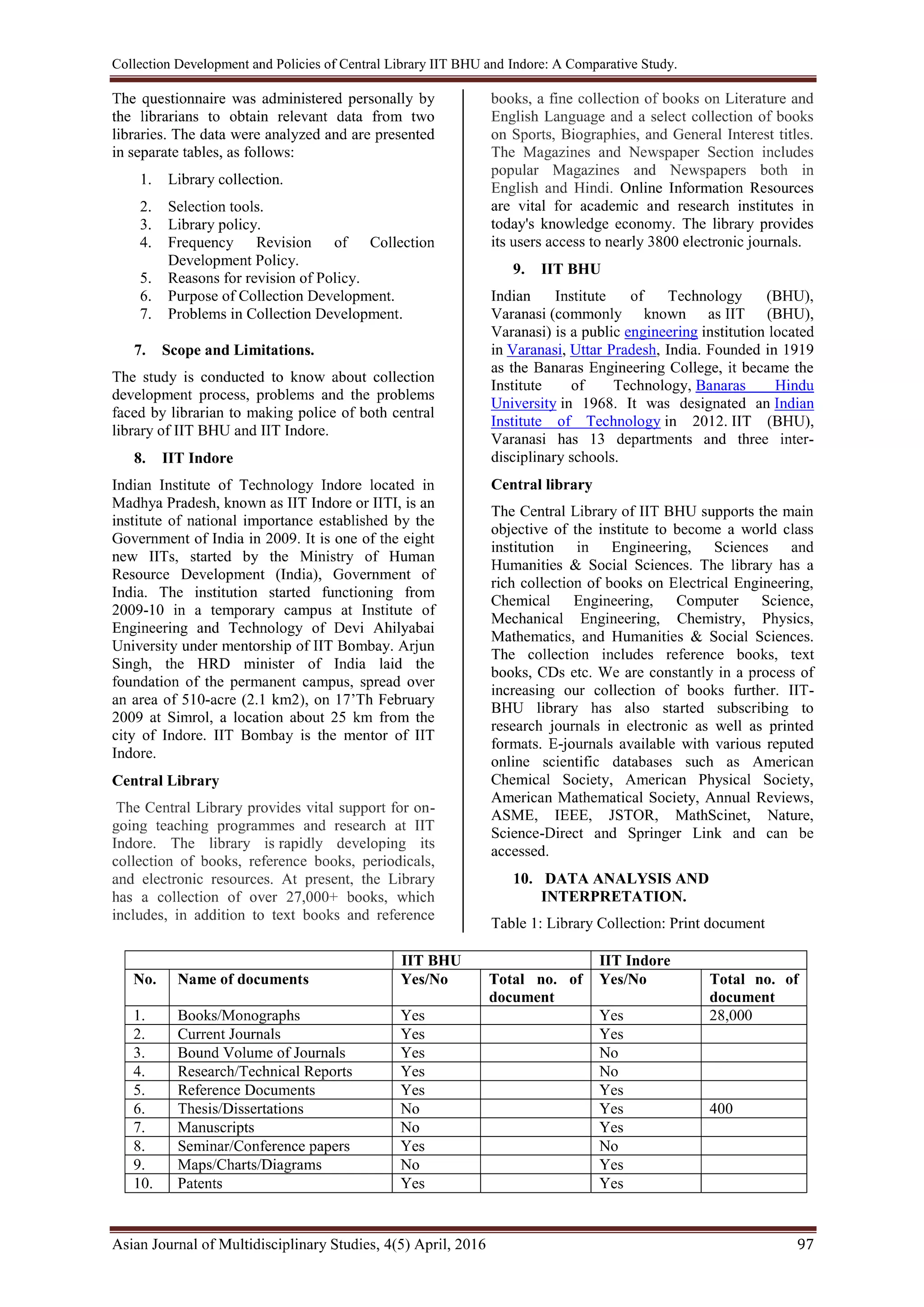 Collection Development and Policies of Central Library IIT BHU and Indore: A Comparative Study.