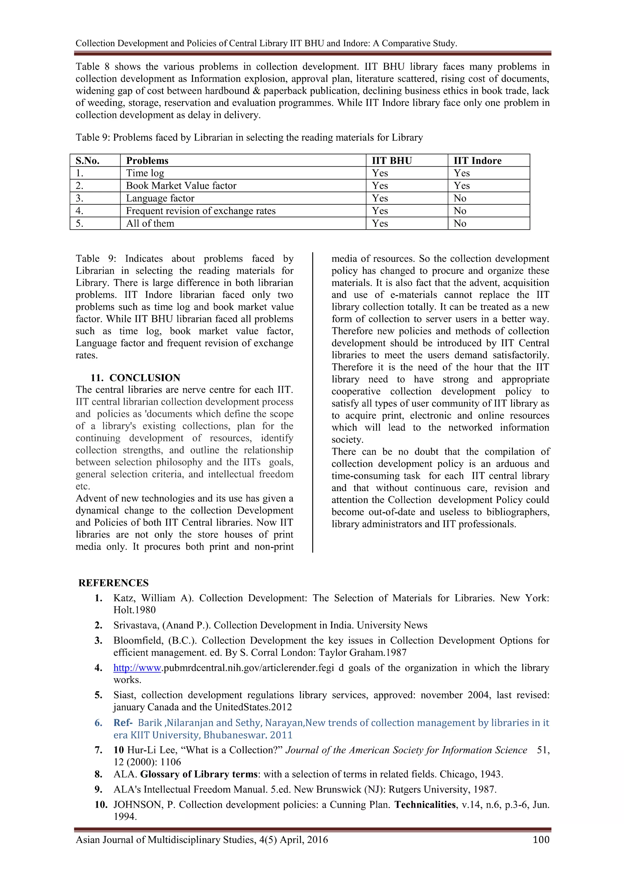 Collection Development and Policies of Central Library IIT BHU and Indore: A Comparative Study.