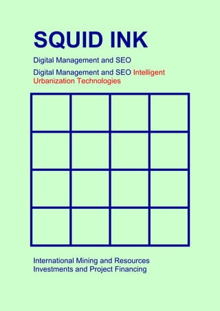 SQUID INK
Digital Management and SEO
Digital Management and SEO Intelligent
Urbanization Technologies
International Mining and Resources
Investments and Project Financing
 