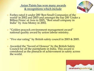 Asian Paints has won many awards & recognitions which includeForbes rated it under 200 'Best Small Companies of the world' in 2002 and 2003 and amongst the top 200 'Under a Billion Firms' of Asia in 2005, “Best small company in India” by Asia Money in 2002. 