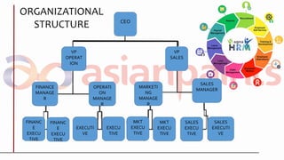 CEO
MARKETI
NG
MANAGE
R
SALES
EXECUTI
VE
SALES
EXECU
TIVE
MKT
EXECU
TIVE
MKT
EXECU
TIVE
EXECU
TIVE
EXECUTI
VE
FINANC
E
EXECU
TIVE
FINANC
E
EXECU
TIVE
FINANCE
MANAGE
R
OPERATI
ON
MANAGE
R
SALES
MANAGER
VP
SALES
VP
OPERAT
ION
ORGANIZATIONAL
STRUCTURE
 
