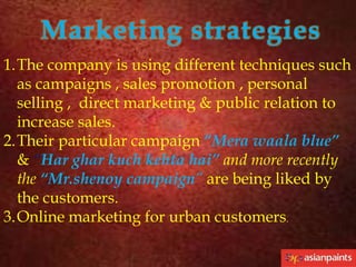 Marketing strategies
1.The company is using different techniques such
as campaigns , sales promotion , personal
selling , direct marketing & public relation to
increase sales.
2.Their particular campaign “Mera waala blue”
& “Har ghar kuch kehta hai” and more recently
the “Mr.shenoy campaign” are being liked by
the customers.
3.Online marketing for urban customers.

 
