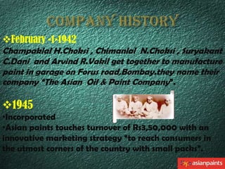 February -1-1942
Champaklal H.Choksi , Chimanlal N.Choksi , Suryakant
C.Dani and Arvind R.Vakil get together to manufacture
paint in garage on Forus road,Bombay.they name their
company “The Asian Oil & Paint Company”.

1945
•Incorporated
•Asian paints touches turnover of Rs3,50,000 with an
innovative marketing strategy “to reach consumers in
the utmost corners of the country with small packs”.

 