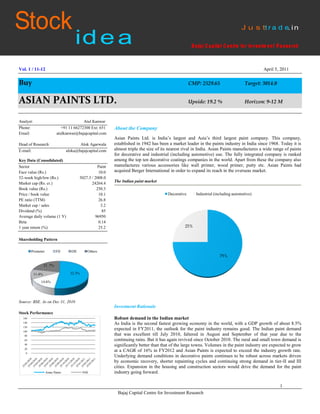 Stock Idea – Asian Paints Ltd.




Vol. 1 / 11-12                                                                                                                                 April 5, 2011


Buy                                                                                                     CMP: 2529.65                   Target: 3014.0


ASIAN PAINTS LTD.                                                                                       Upside: 19.2 %                 Horizon: 9-12 M


Analyst:                                   Atul Kanwar
Phone:                         +91 11 66272300 Ext: 651       About the Company
Email:                      atulkanwar@bajajcapital.com
                                                              Asian Paints Ltd. is India’s largest and Asia’s third largest paint company. This company,
Head of Research:                            Alok Agarwala    established in 1942 has been a market leader in the paints industry in India since 1968. Today it is
E-mail:                            aloka@bajajcapital.com     almost triple the size of its nearest rival in India. Asian Paints manufactures a wide range of paints
                                                              for decorative and industrial (including automotive) use. The fully integrated company is ranked
Key Data (Consolidated)                                       among the top ten decorative coatings companies in the world. Apart from these the company also
Sector                                                Paint   manufactures various accessories like wall primer, wood primer, putty etc. Asian Paints had
Face value (Rs.)                                      10.0    acquired Berger International in order to expand its reach in the overseas market.
52-week high/low (Rs.)                     3027.3 / 2008.0
                                                              The Indian paint market
Market cap (Rs. cr.)                              24264.4
Book value (Rs.)                                     250.3
Price / book value                                    10.1                                 Decorative      Industrial (including automotive)
PE ratio (TTM)                                        26.8
Market cap / sales                                     3.2
Dividend (%)                                            85
Average daily volume (1 Y)                          96950
Beta                                                  0.14
1 year return (%)                                     25.2                                          25%


Shareholding Pattern

        Promoter            FII      DII        Others
                                                                                                                         75%

                   21..7%

           11.4%                     52.3%

               14.6%




Source: BSE. As on Dec 31, 2010
                                                              Investment Rationale
Stock Performance
  160                                                         Robust demand in the Indian market
  140                                                         As India is the second fastest growing economy in the world, with a GDP growth of about 8.5%
  120
  100
                                                              expected in FY2011, the outlook for the paint industry remains good. The Indian paint demand
   80                                                         that was excellent till July 2010, faltered in August and September of that year due to the
   60                                                         continuing rains. But it has again revived since October 2010. The rural and small town demand is
   40                                                         significantly better than that of the large towns. Volumes in the paint industry are expected to grow
   20
   0
                                                              at a CAGR of 16% in FY2012 and Asian Paints is expected to exceed the industry growth rate.
                                                              Underlying demand conditions in decorative paints continues to be robust across markets driven
                                                              by economic recovery, shorter repainting cycles and continuing strong demand in tier-II and III
                                                              cities. Expansion in the housing and construction sectors would drive the demand for the paint
                    Asian Paints             NSE              industry going forward.

                                                                                                                                                        1
                                                               Bajaj Capital Centre for Investment Research
 