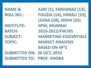 NAME &		      AJAY (1), FARHANAZ (13), ROLL NO.:	     FOUZIA (14), HIMALI (19), 		      LEENA (28), NIDHI (35)  INSTITUTE:	      IIPM, MUMBAI BATCH:		      2010-2012/FW/B5 SUBJECT:		      MARKETING ESSESNTIALS TOPIC:		      MARKET ANALYSIS  		      BASED ON 4P’S SUBMITTED ON:  26 OCT, 2010 SUBMITTED TO:   PROF. VHORA 