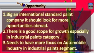 1.Big an international standard paint
company it should look for more
opportunities abroad.
2.There is a good scope for growth especially
in industrial paints category .
3.Needs to have more focus on Automobile
industry in industrial paints segment.
 