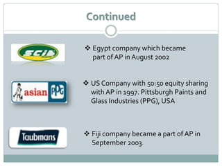 Continued

 Egypt company which became
  part of AP in August 2002


 US Company with 50:50 equity sharing
  with AP in 1997. Pittsburgh Paints and
  Glass Industries (PPG), USA



 Fiji company became a part of AP in
  September 2003.
 