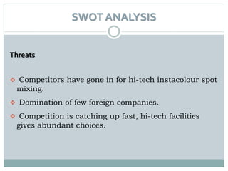 SWOT ANALYSIS


Threats


 Competitors have gone in for hi-tech instacolour spot
 mixing.
 Domination of few foreign companies.

 Competition is catching up fast, hi-tech facilities
 gives abundant choices.
 
