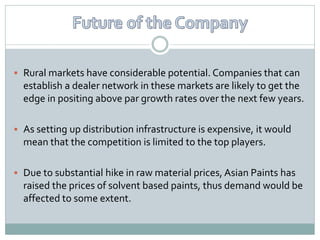  Rural markets have considerable potential. Companies that can
  establish a dealer network in these markets are likely to get the
  edge in positing above par growth rates over the next few years.

 As setting up distribution infrastructure is expensive, it would
  mean that the competition is limited to the top players.

 Due to substantial hike in raw material prices, Asian Paints has
  raised the prices of solvent based paints, thus demand would be
  affected to some extent.
 