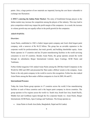 6
paints. Also, a large portion of raw materials are imported, leaving the cost factor vulnerable to
exchange rate fluctuation.
2. MNC’s entering the Indian Paint Market: The entry of Established foreign players in the
Indian market may increase the competition among the players of the industry. This may lead to
price competition which may impact the profit margin of the companies. As a result, the increase
in volume growth may not equally reflect in the profit growth for the companies.
ASIAN PAINTS:
Overview:
Asian Paints, established in 1942 is India's largest paint company and Asia's third largest paint
company, with a turnover of Rs 96.32 billion. The group has an enviable reputation in the
corporate world for professionalism, fast track growth, and building shareholder equity. Asian
Paints operates in 17 countries and has 24 paint manufacturing facilities in the world servicing
consumers in over 65 countries. Besides Asian Paints, the group operates around the world
through its subsidiaries Berger International Limited, Apco Coatings, SCIB Paints and
Taubmans.
Forbes Global magazine USA ranked Asian Paints among the 200 Best Small Companies in the
World for 2002 and 2003 and presented the 'Best under a Billion' award, to the company. Asian
Paints is the only paint company in the world to receive this recognition. Forbes has also ranked
Asian Paints among the Best under a Billion companies in Asia In 2005, 06 and 07,.
International Presence
Today the Asian Paints group operates in 17 countries across the world. It has manufacturing
facilities in each of these countries and is the largest paint company in eleven countries. The
group operates in five regions across the world viz. South Asia, South East Asia, South Pacific,
Middle East and Caribbean region through the five corporate brands viz. Asian Paints, Berger
International, SCIB Paints, Apco Coatings and Taubmans. The Group operates as:
Asian Paints in South Asia (India, Bangladesh, Nepal and Sri Lanka)
 