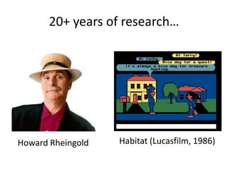 20+ years of research…




Howard Rheingold   Habitat (Lucasfilm, 1986)
 