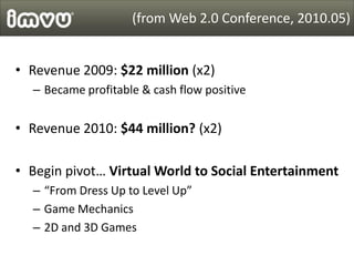 (from Web 2.0 Conference, 2010.05)


• Revenue 2009: $22 million (x2)
  – Became profitable & cash flow positive


• Revenue 2010: $44 million? (x2)

• Begin pivot… Virtual World to Social Entertainment
  – “From Dress Up to Level Up”
  – Game Mechanics
  – 2D and 3D Games
 