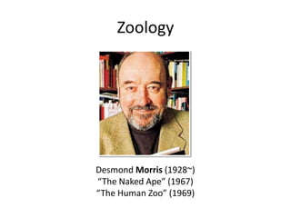 Zoology




Desmond Morris (1928~)
“The Naked Ape” (1967)
“The Human Zoo” (1969)
 