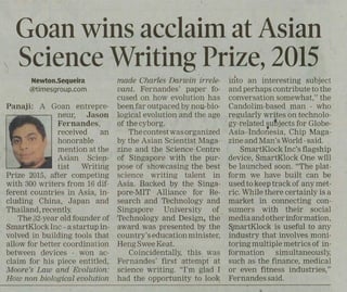 GOAN WINS ACCLAIM AT ASIAN SCIENCE WRITING PRIZE, 2015 - 	The Times Of India