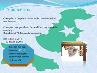 CORRUPTION
Corruption is the prime reason behind the economical
unstableness.
Corruption has spread into the world and has ruined the
economy.
Round about 7 billion daily corruption
823 billion in 2010
1100 billion in 2011
. Pakistan has been
ranked at 42nd
number among the
most corrupt nations
of the world.
 