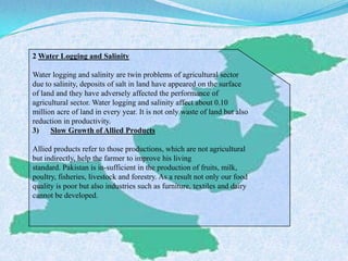 2 Water Logging and Salinity
Water logging and salinity are twin problems of agricultural sector
due to salinity, deposits of salt in land have appeared on the surface
of land and they have adversely affected the performance of
agricultural sector. Water logging and salinity affect about 0.10
million acre of land in every year. It is not only waste of land but also
reduction in productivity.
3) Slow Growth of Allied Products
Allied products refer to those productions, which are not agricultural
but indirectly, help the farmer to improve his living
standard. Pakistan is in-sufficient in the production of fruits, milk,
poultry, fisheries, livestock and forestry. As a result not only our food
quality is poor but also industries such as furniture, textiles and dairy
cannot be developed.
 
